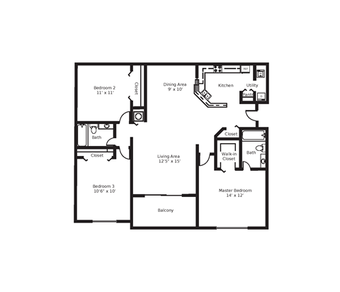 Floor plan for 3 beds, 2 baths, 1361 sqft